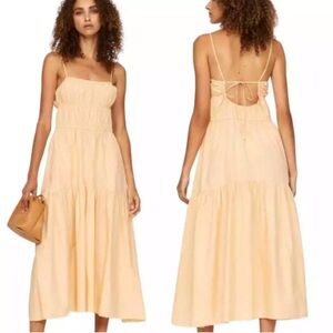 Vince Ruched Sleeveless Peasant Cotton Hemp Midi Cami Dress Orange Peach Large